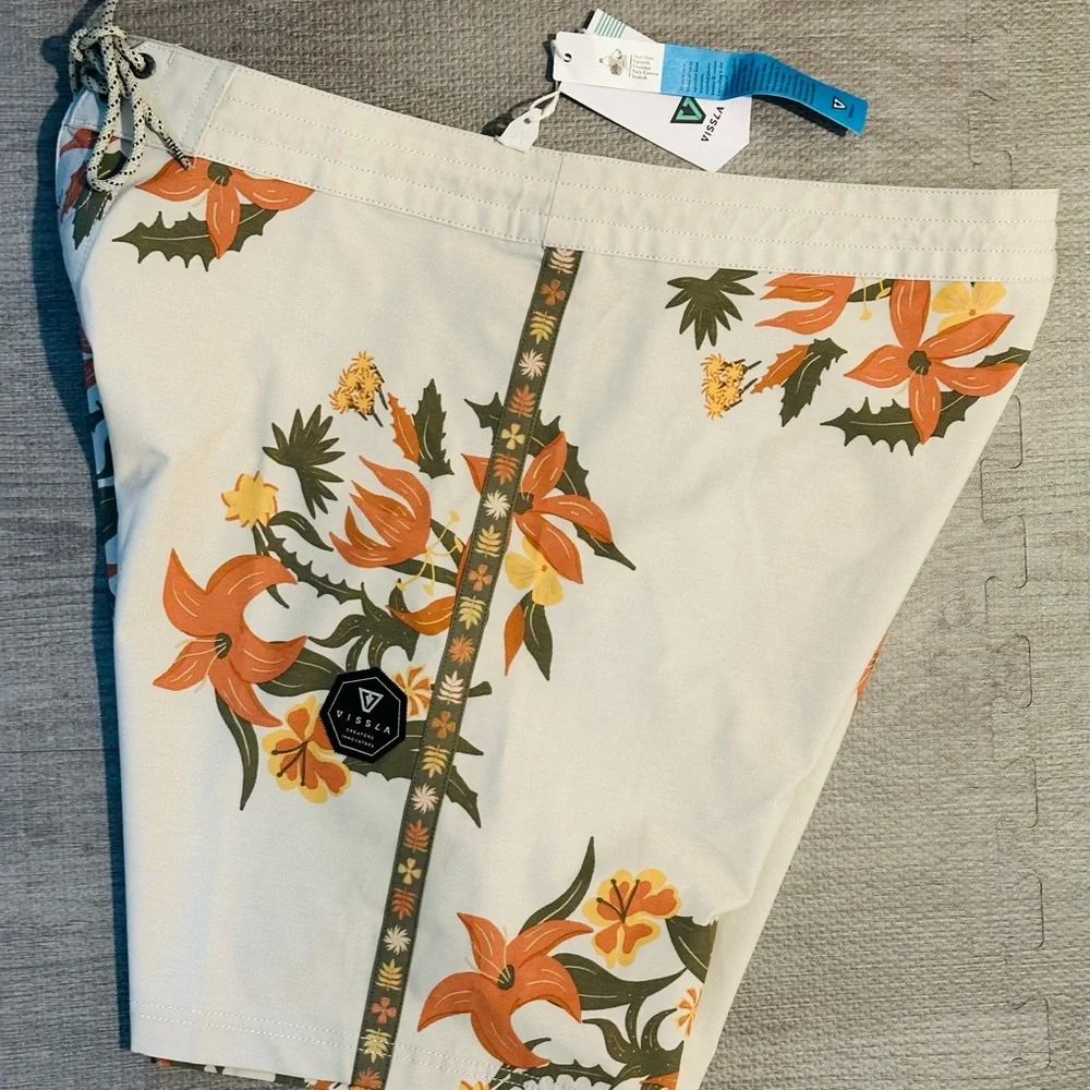 VISSLA Cream and Orange Board Shorts Tropical Swimwear